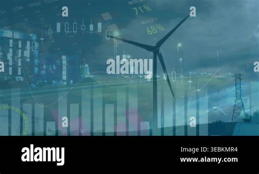 Animation of financial data and graphs over wind turbines and road traffic. environment, sustainability, ecology, renewable energy and transport concept digitally generated video Stock Video Footage - Alamy