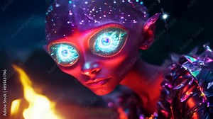 Mystical fairy portrait with luminous eyes in magical night setting