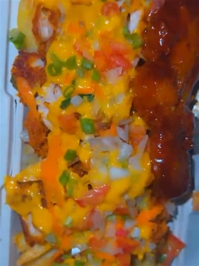 Loaded Fries with Honey 🍯 BBQ Chicken so cheesy and colourful 😋 #foodie #food #foryoupage #jamaica #love