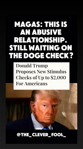 4.3K views · 50 reactions | We already pay higher taxes thanks to his trade deals. Now he dangles $2,000 checks like a carrot—but where’s the $5K doge check he promised? MAGAs are stuck in an abusive relationship. This isn’t stimulus, it’s a Ponzi scheme: you pay more, he gets richer, and if he gives you anything at all, it’s crumbs. | The Clever Fool | Facebook