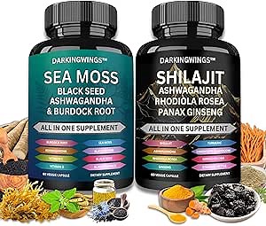 Shilajit and sea Moss Combo - Shilajit Capsules Added Ashwagandha, Sea Moss, Ginger & Black Seed Oil, Rhodiola Rosea, Panax Ginseng, Seamoss and shilajit Bundle, All in one Supplement
