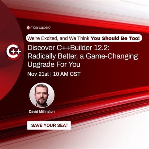 13 reactions |  We’re excited, and we think you should be too! Discover C++Builder 12.2 in this webinar with David Millington on Nov 21st at 10 AM CST. Don't miss out! ⚡  헦헔헩험 헬헢헨헥 헦험헔헧: https://ow.ly/9r6e50U9jae #cpp #developers #CBuilder | Embarcadero Technologies | Facebook