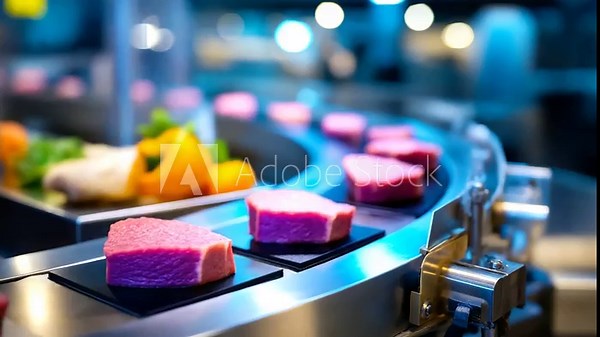 Automated meat processing, fresh cuts moving, production conveyor belt, industrial food facility, manufacturing line operations, quality control system, hygiene standards emphasis,