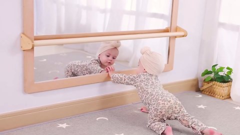 3-Position Montessori Shatterproof Safety Baby Mirror w/Pull Up Handrail, Infant Coordination Mirror Set, Kid's Classroom Furniture for Nursery, Daycare, Homeschool or Preschool (Natural Pura)