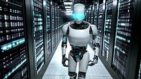 Futuristic Humanoid Robot in a High-Tech Server Room Stock Video - Video of cybernetic, advanced: 385452215