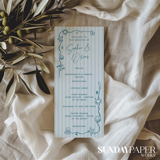 Coastal Wedding Program Template, Illustrated Shells With Stripe Background (digital) - Etsy