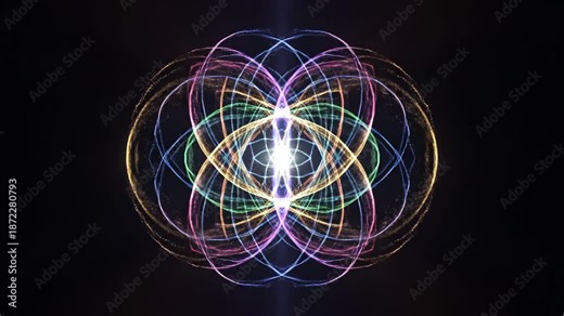 Abstract animation featuring slow convergence and divergence of vibrant, ethereal light beams creating mesmerizing geometric patterns future, network, analysis