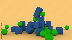 3D animation of a tower built from colored cubes. Some cubes turn into spheres and the tower is destroyed. Motion design.