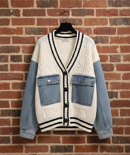 Oversized Cable Knit Cardigan With Denim Sleeves | Mixed Media Sweater Jacket - Etsy