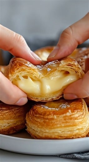 🥐 Cream-Filled Puff Pastry Danishes These Cream-Filled Puff Pastry Danishes are the kind of treat that makes my kitchen smell like a little corner bakery. The layers bake up golden and flaky, and when you break one open, that smooth, creamy custard center slowly melts into the pastry… it’s pure comfort in every bite. I love making these for Easter brunch or a cozy Sunday morning when everyone lingers at the table a little longer. They look fancy, but they’re surprisingly simple — and that cream