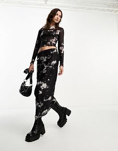 ONLY mesh midi skirt co-ord in black and white marble  | ASOS
