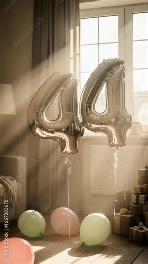 Silver number 44 balloons floating in a sunlit living room. Decorations for a forty-fourth birthday or anniversary party with gifts and presents.