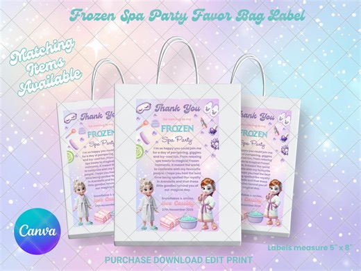 Frozen Spa Party Favor Bag Labels: Elsa Anna EDITABLE Printable Canva Template Instant Download Digital Template - Etsy