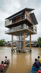 10K views · 19 reactions | Flood-proof design: High stilts, solar power, and peace of mind #FloodProofHouse #ResilientArchitecture #SustainableDesign #ClimateChangeSolution #EcoLiving #StiltHouse #GreenArchitecture | Home Decor Ideas | Facebook