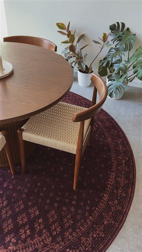 Arun Brahmaniya on Instagram: "Goodbye empty conservatory/dining room, Hello @ruggable ✨ Dining room update with this beautiful Fernanda Burgundy Rug. We love the dark tone that brings calm coziness to this space, and choosing a larger size made everything feel more intentional and put together. #interiordecor #interiors #diningroom"