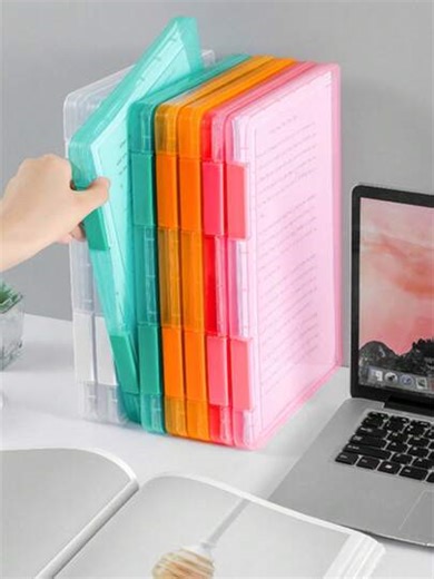 Transparent Plastic File Box, Multi-Layer Portable Waterproof Storage Box, Suitable For Office, School, Home Use-Double-Sided File Storage With Theme Label (Pink, Orange, Green, Blue), Storage Manager, Storage Box | SHEIN