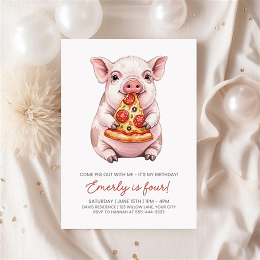 Pig Birthday Invitation Template, Pizza Party, Corjl Invite, Editable, Cute Watercolor Piggy, Kids Birthday Party, Printable - Etsy