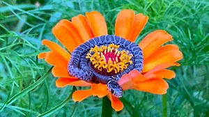 Snake peacefully rests on flower
