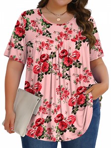Fantaslook Womens Plus Size Tops Tunic Short Sleeve Shirts Floral Blouses Loose Summer Tops
