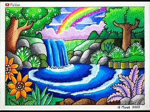 TUTORIAL MENGGAMBAR DAN GRADASI WARNA OILPASTEL TEMA PEMANDANGAN AIR TERJUN YANG MUDAH EP 402