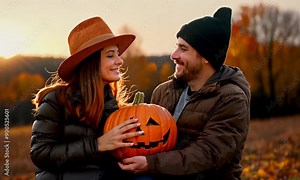 Autumn's Embrace: A couple radiates warmth amidst a picturesque fall landscape, their love story illuminated by the setting sun as they share a tender moment with a carved pumpkin.