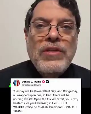 @s_m_marandi 对特朗普在复活节周日发布的疯狂鲁莽的帖子做出了精辟的回应，可谓一针见血。情况极其危险，因为 @realDonaldTrump 完全失控，为了建立第三圣殿，迎娶他的弥赛亚（反基督），并掩盖他与爱泼斯坦的丑闻，他什么都做得出来。“他是个精神病患者。你可以想象他们掌握了他多少把柄——他们掌握了什么样的把柄或黑料。但伊朗不会退缩。十天后，如果他开始摧毁伊朗的关键基础设施，那么整个波斯湾地区都将不复存在。科威特将走向灭亡。卡塔尔将走向灭亡。沙特阿拉伯将走向灭亡。巴林将走向灭亡。阿联酋也将走向灭亡。一切都将结束。所有人都将被迫立即离开，穿越沙漠。现在是春天——气温会迅速上升。天气会变得异常炎热。你曾在那个地区生活过——你明白那种情况。在波斯湾，一切都依赖电力。没有电力，那些政权会立即崩溃。随之而来的是，与美国在西亚的存在相关的一切都会在一夜之间崩溃。当然，伊拉克人会采取行动，也门人也会采取行动。所以，如果他们发动全面战争，伊朗人也会以全面战争作为回应，并联合抵抗轴心。谁会是最大的输家？犹太复国主义。特朗普。内塔尼亚胡。因为全世界都会看到是谁摧毁了他们的世界。即使在印度，那