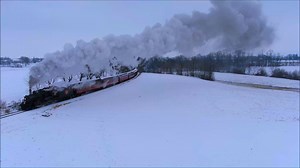 Aerial view of the Strasburg Railroad and snow-covered Amish farmland in March 2019. Like 717 Drone Guys for many more local drone flights. | 717 Drone Guys