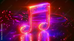 Music notes background effect neon colors. two eighth notes. Music abstract background. Pink,blue rainbow neon colors on black background 4k video