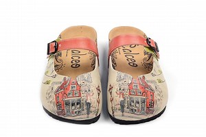 Handgefertigte Damen-Clogs mit Vintage-Stadtmotiv, kunstvolle Clogs aus veganem Leder, bequeme und einzigartige Hausschuhe in Beige - Etsy.de