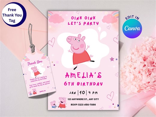 Peppa Pig Birthday Invitation, Peppa Pig Theme Party Invite, Editable Canva Template (digital Download) - Etsy UK