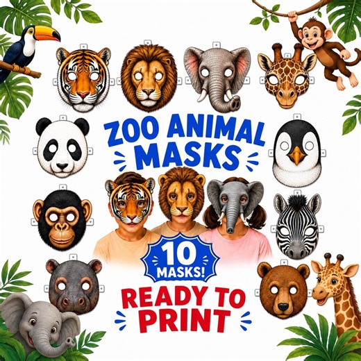 Printable Zoo Animal Masks for Kids, 10 Mask Bundle, Animal Face Masks, Animal Party Masks, Ready to Print PDF, Instant Download - Etsy