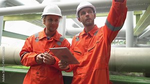 Refinery industry engineer are working at front pipeline and gas industrial factory, Oil refinery plant for industry. Refinery petroleum worker on duty control operation. Industrial Engineer in oil