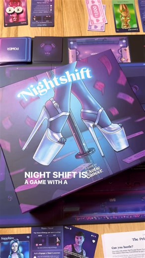 Danielle Standring | Board Games on Instagram: "Nightshift is a whole vibe and I am here for it!!! Easy to learn, fun to play - Roll dice make money, baby! . . . Video brought to you by the wonderful folks who make this game @exotic.cancer #BoardGames #BoardGameGeek #TabletopGames #BoardGameCommunity #BoardGameLife #BoardGameAddict #BoardGamer #TabletopGaming #BoardGameLove #BoardGameNight #gamenight"