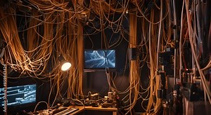 A room with lots of tangled wires and connectors. A chaotic and disorganized scene Stock Video