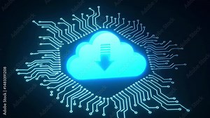 Digital cloud download symbol surrounded by circuit patterns, representing technology and connectivity