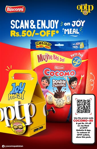 With Cocomo, every day seems to keep getting merrier! Scan and enjoy RS 50 OFF on Joy Meal with your friends and family! #Bisconni #Cocomo #MujheBhiDo #OPTP | Cocomo Pakistan