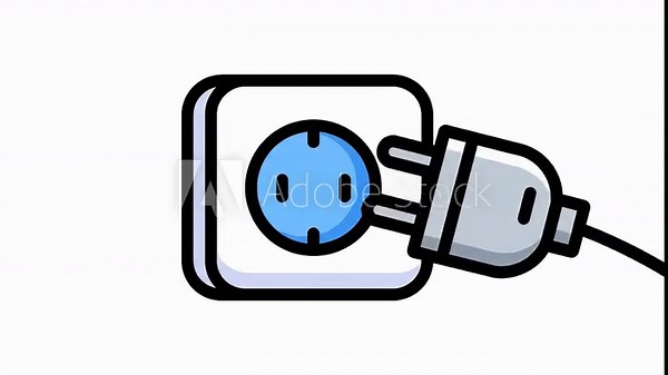 Animated power outlet and plug sequence showcasing connection and electrical spark effects. Safety
