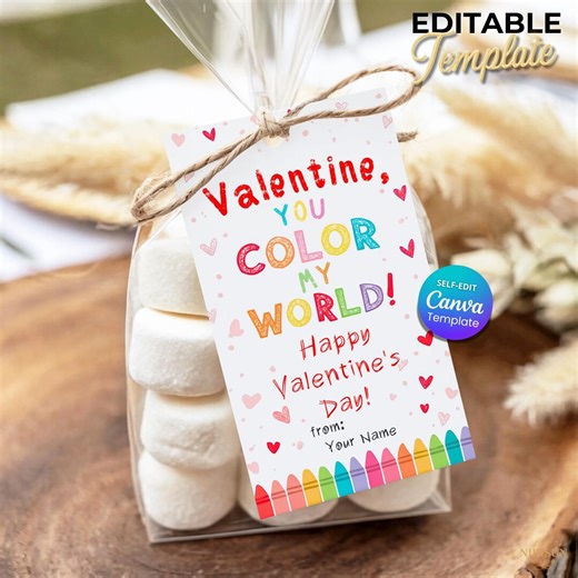 Valentine Crayon Gift Tag, Teacher Valentine Gift Tag Printable, Classroom Treat Bag Label, You Color My World Tag, Editable Canva Template - Etsy