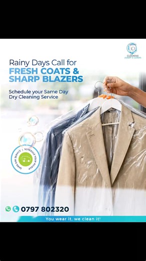 Rainy days shouldn’t dull your style. 🌧️✨Moisture, odors, and creases can quickly ruin a good #coat, #trenchcoat or #blazer. Cleanfax Laundry & Dry Cleaners offers same-day professional dry cleaning that restores structure, sharp lines, and that just-clean confidence. ☎️ Call/WhatsApp: 254 797 802 320 to schedule a pick-up 🌐 www.cleanfaxlaundry.com ✅ Same-Day Service available 📍 15 Branches Across Nairobi #blazerdrycleaning #Expressdrycleaners