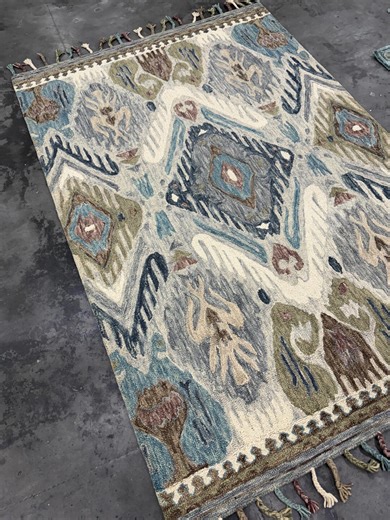 Hand-tufted Ikat Area Rug - Blue and Olive Green Geometric Wool Carpet - Etsy