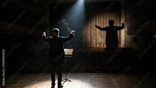 Conductor standing with a baton, leading an invisible orchestra on an empty theater stage, dramatic spotlight creating a large shadow on the curtain, imagining a grand musical performance