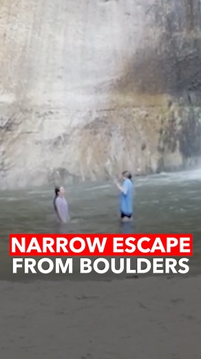 16K views · 69 reactions | Two swimmers at Utah's Lower Calf Creek Falls narrowly avoided falling boulders that crashed down from the 126-foot waterfall without warning. The Bureau of Land Management warned that rocks can land in the pool and shoreline due to the cliff overhang. No one was hurt this time, though past rockfalls have caused injuries. | A News | Facebook