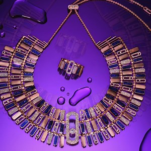 Exceptional and captivating, the Move Imperial necklace shows the Move Uno pattern through colored stones inspired from the Nile. With a pavé central Move motif, the sumptuous piece borders modernity and history. #Messika #TakeARideWithMessika #DisruptingDiamonds | Messika