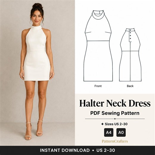 Halter Neck Mini Dress Sewing Pattern, High Waist Stand Collar Back Button Women Pattern, PDF Digital Download, Sizes US 2-30 - Etsy