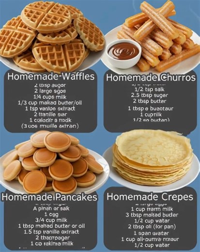 Four delicious recipes to try this weekend ⬇️ 1️⃣ Waffles: - 2 cups plain flour (240g) - 1 tbsp baking powder (12g) - ½ tsp salt (3g) - 2 tbsp sugar (25g) - 2 large eggs, separated - 1⅔ cups milk (400ml) - ⅓ cup melted butter or oil (75ml) - 1 tsp vanilla extract (5ml) Steps: 1. Preheat waffle maker to 400°F (200°C). 2. Mix together ingredients except egg whites. 3. Beat egg whites to stiff peaks; fold into batter. 4. Pour into waffle maker and cook 3–5 minutes until golden and crisp. 5. Serve w