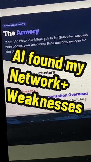Surging for Network and this AI just diagnosed my weak spots. Instead of just practice tests, it analyzes your mistakes and builds “weakness clusters”. Game changer for certification prep. #techtok #networkplus #comptia #studytips #informationtechnology