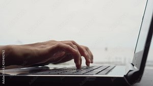 Woman hand using laptop to work study at working space in coffee cafe background. Business financial, trade stock maket and social network with freedom life concept.