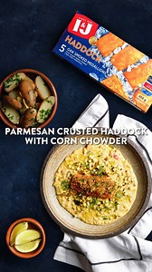 Warm up your winter with this comforting Parmesan Crusted Haddock Medallions with Corn Chowder recipe, made by Chef Reuben Riffel , and let the delicious combination of flavors melt away those winter chills! You’ll find the recipe in the comments section for a full guide on how to make it. | I&J