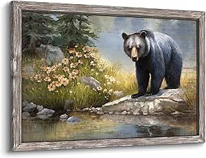 Bear Prints Wooden Wall Art: Wildlife Grizzly Picture Framed Artwork Rustic Woodland Wild Animal Painting for Living Room