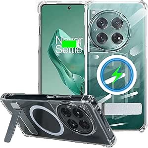 for OnePlus 12 Case, Strong Magnetic Compatible with Magsafe, Built-in Metal Kickstand 4-Corner Airbag Military Grade Protection Anti-Yellowing Phone Cover for One Plus 12 (2024) - Clear